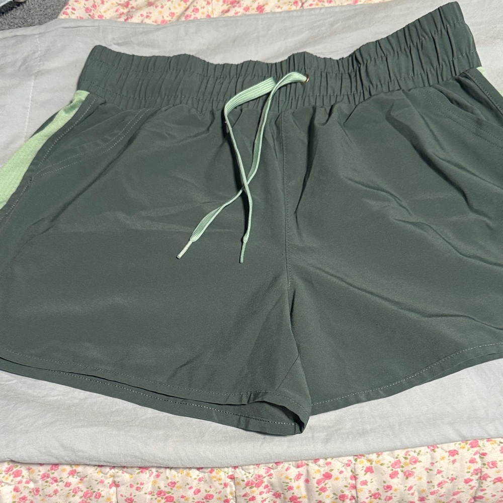 Reebok Women's Dark Green Athletic Shorts with Mint Drawstring